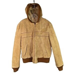 Montgomery Ward Jacket Men's Sz 40 Suede Leather Shearling Sherpa Hooded Acrylic